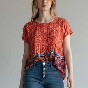 Ivy Jane S/M Red Blue Floral Paisley Babydoll Blouse Preppy Luxury Western Artsy